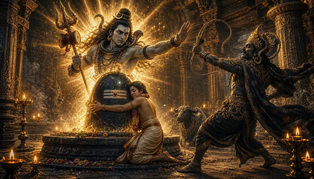 Shiva emerging from the linga to shield the boy Markandeya from Yama