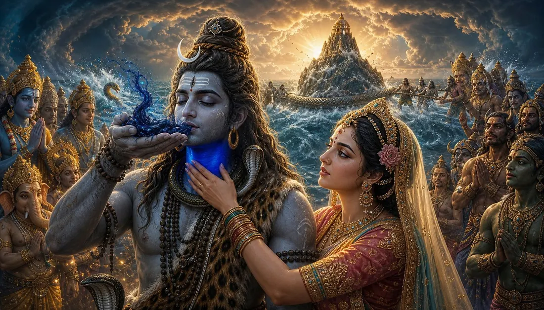 Shiva drinking the halahala poison as Parvati holds his throat