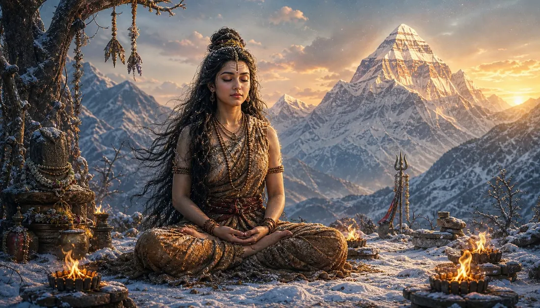 Parvati in tapasya in the high Himalaya, seeking Shiva