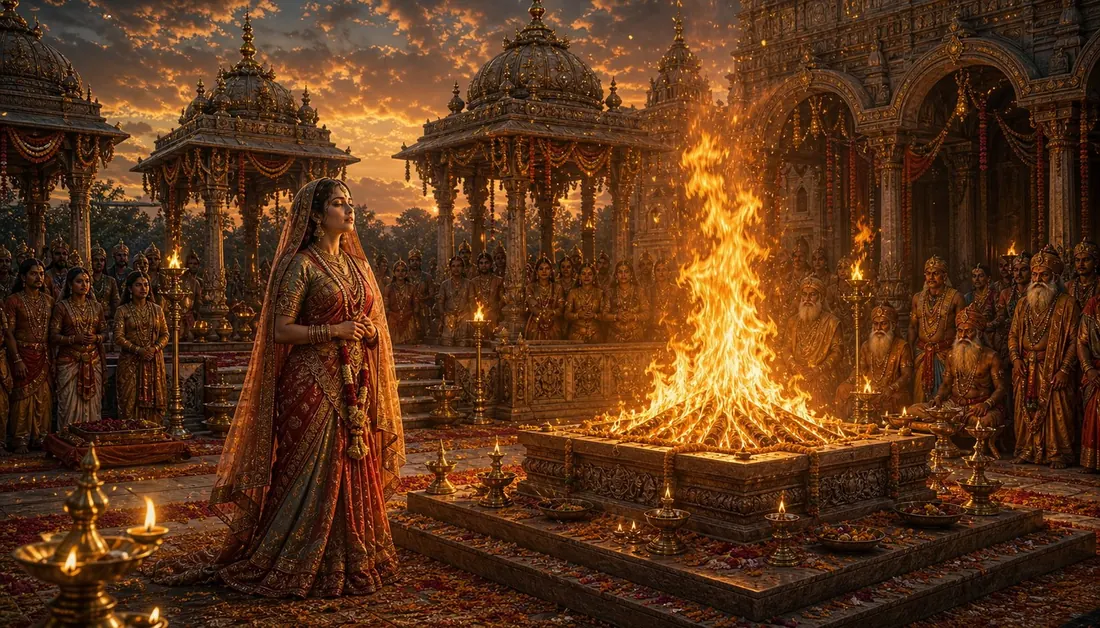 Sati before her father Daksha's great yajna fire
