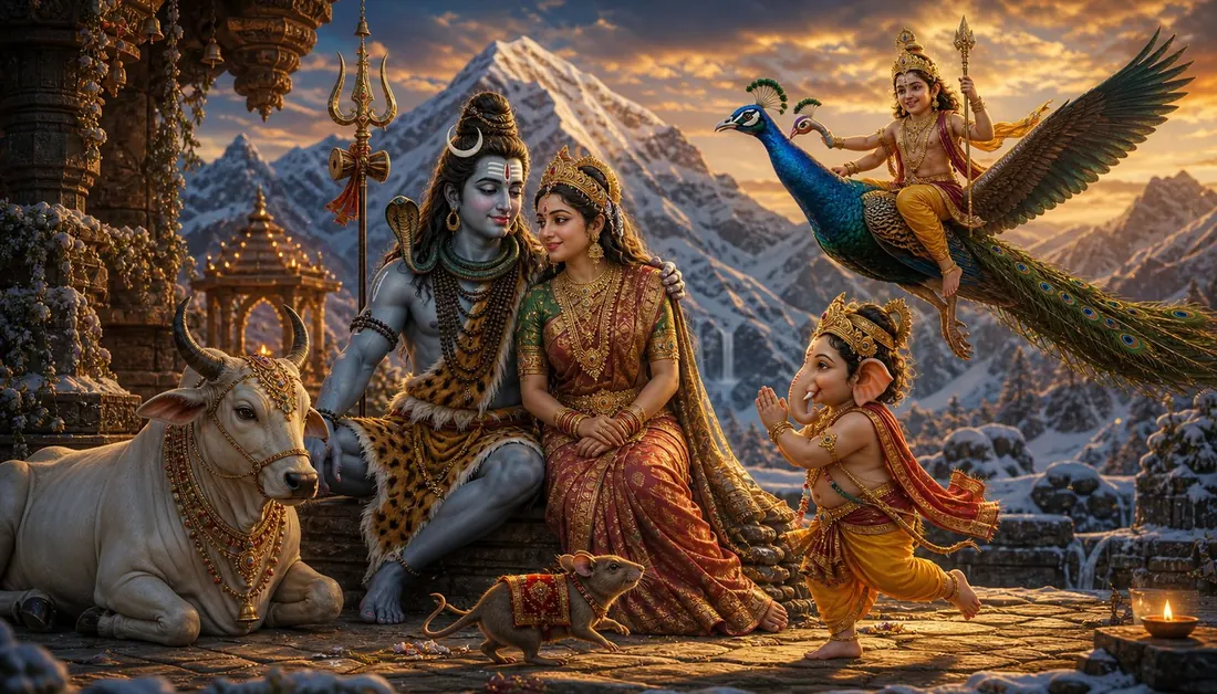 Ganesha and Kartikeya with Shiva and Parvati on Kailash