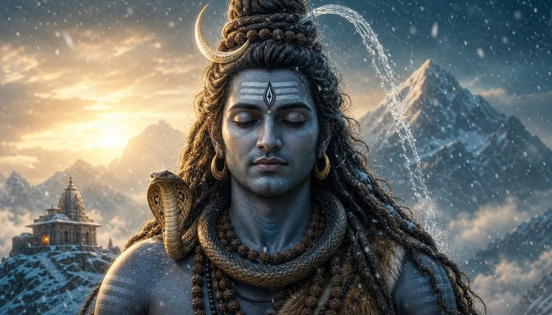 Lord Shiva in meditation on Mount Kailash at dawn