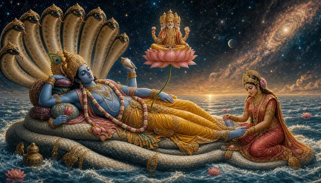 Lord Vishnu reclining on the serpent Ananta upon the cosmic ocean