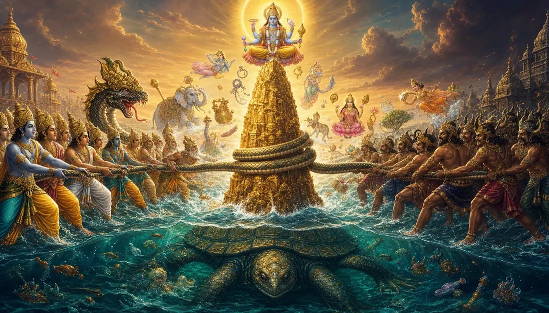The Samudra Manthan: devas and asuras churning the ocean of milk with Mount Mandara and Vasuki