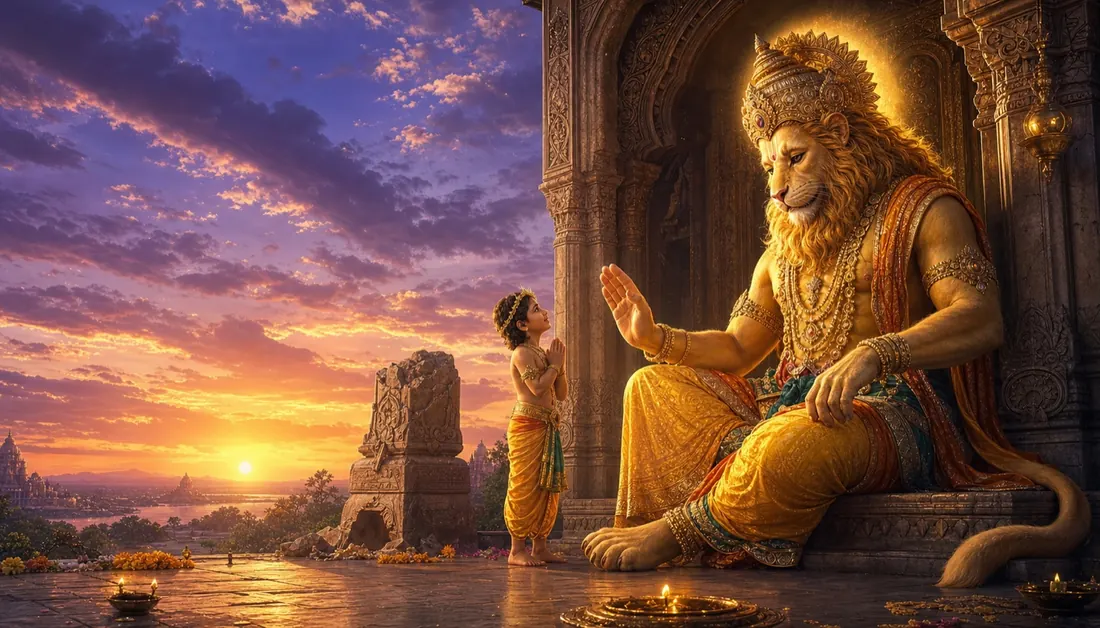 Narasimha, the man-lion avatar of Vishnu, protecting the boy Prahlada