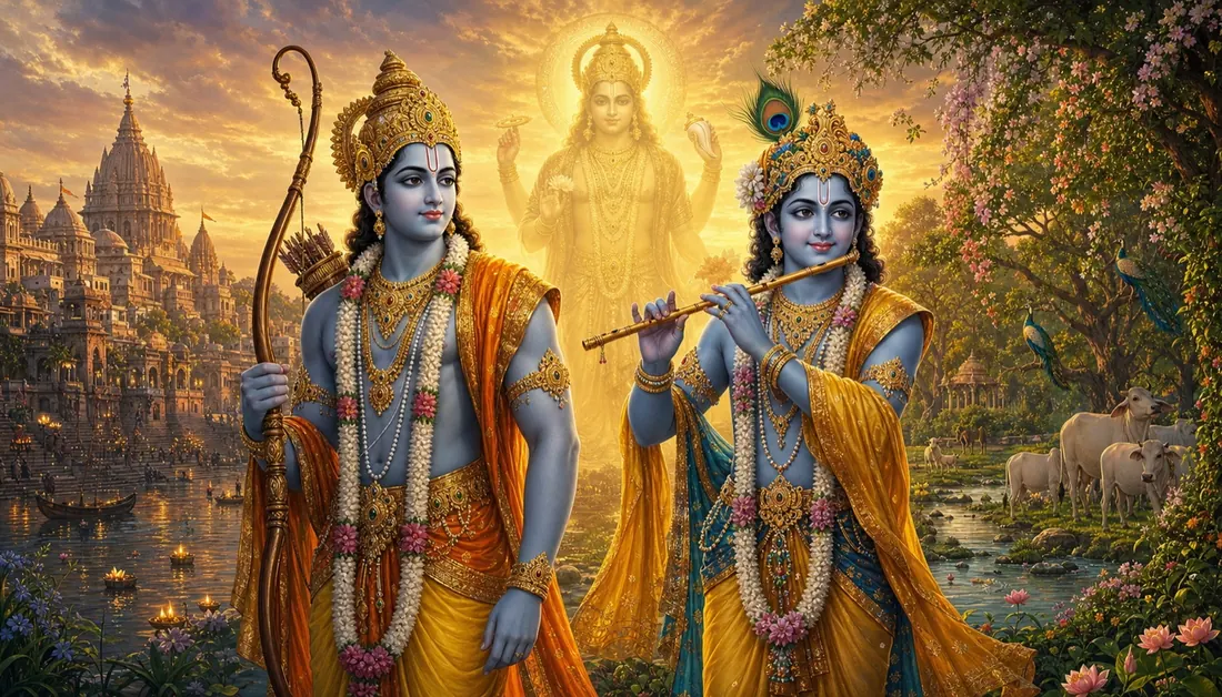 Lord Rama with his bow and Lord Krishna with his flute, the radiant form of Vishnu behind them