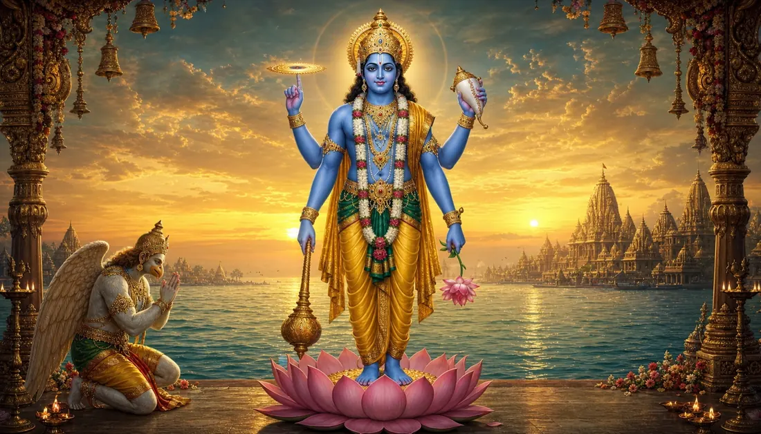Lord Vishnu standing with conch, discus, mace and lotus