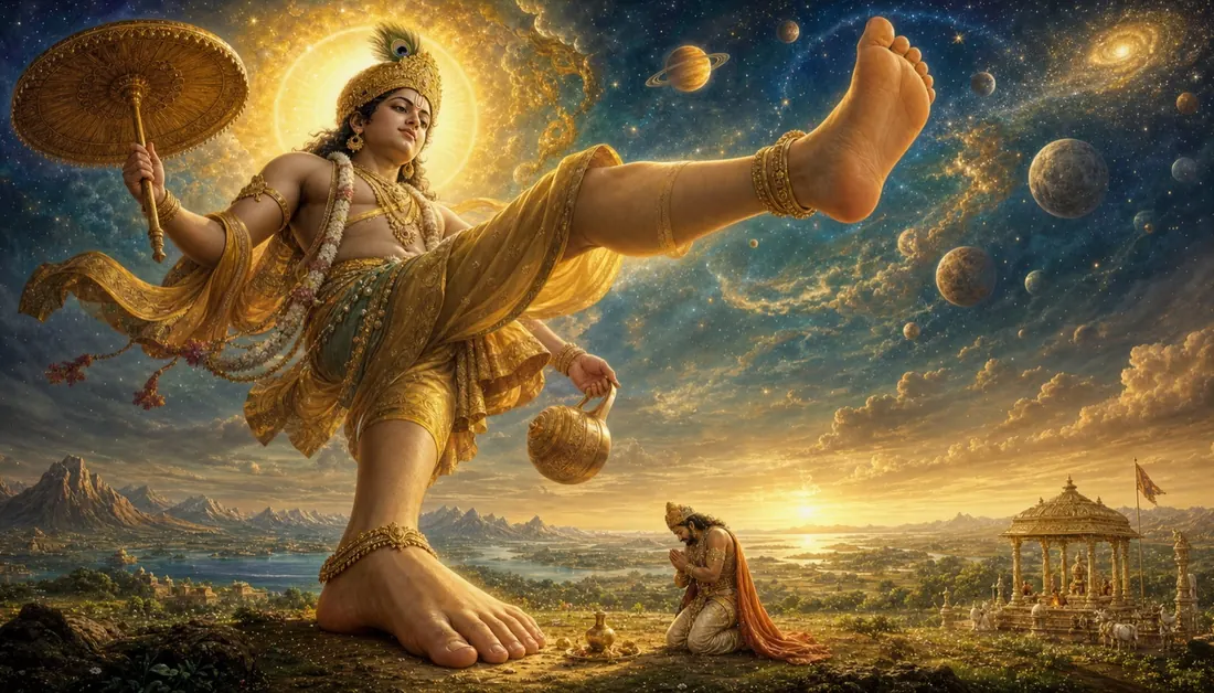 Trivikrama: the Vamana avatar grown to cosmic size, striding across the heavens with King Bali below