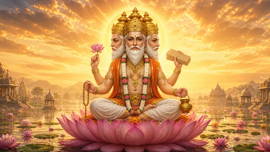 Hindu god Brahma with four faces on a pink lotus in a lake ringed by temples at sunrise, holding Vedas, mala and kamandalu