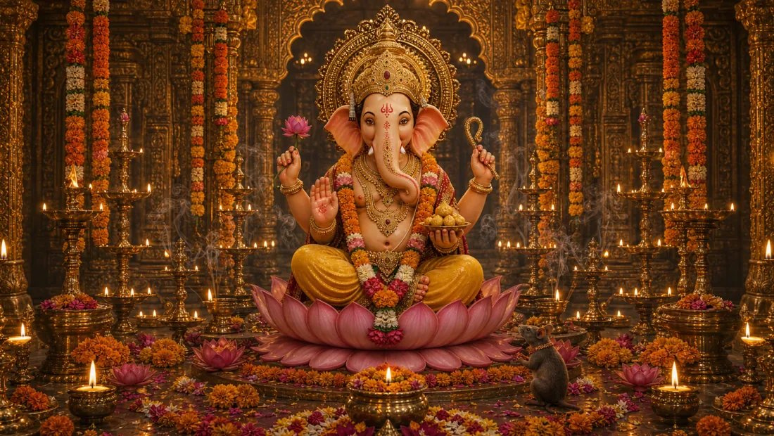Lord Ganesha on a pink lotus in a temple hall glowing with rows of brass lamps, holding ankusha and modaks, his mouse below