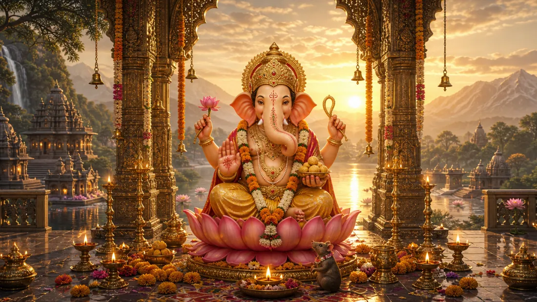 Lord Ganesha seated on a pink lotus in a pillared temple pavilion above a lake at sunrise, holding lotus, ankusha and laddoos