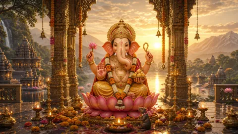 Lord Ganesha seated on a pink lotus in a pillared temple pavilion above a lake at sunrise, holding lotus, ankusha and laddoos