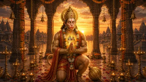 Lord Hanuman kneeling in prayer with Ram and Sita glowing in his heart above river ghats at sunset, his gada beside him