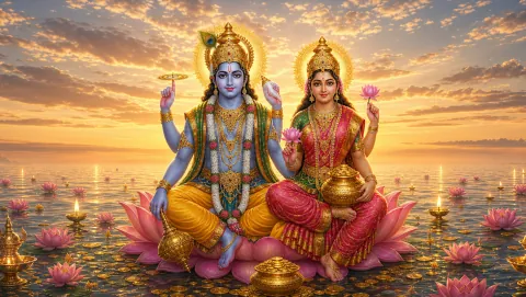 Vishnu and Lakshmi on a pink lotus on the ocean at sunrise among floating diyas, Lakshmi holding a lotus and a pot of gold