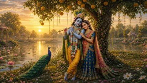 Radha and Krishna together under a flowering tree by a lotus lake with pavilions at sunset, a peacock at their feet