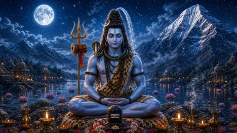 Lord Shiva meditating with the Ganga flowing from his hair under a full moon below snowy Kailash, trishul at his side