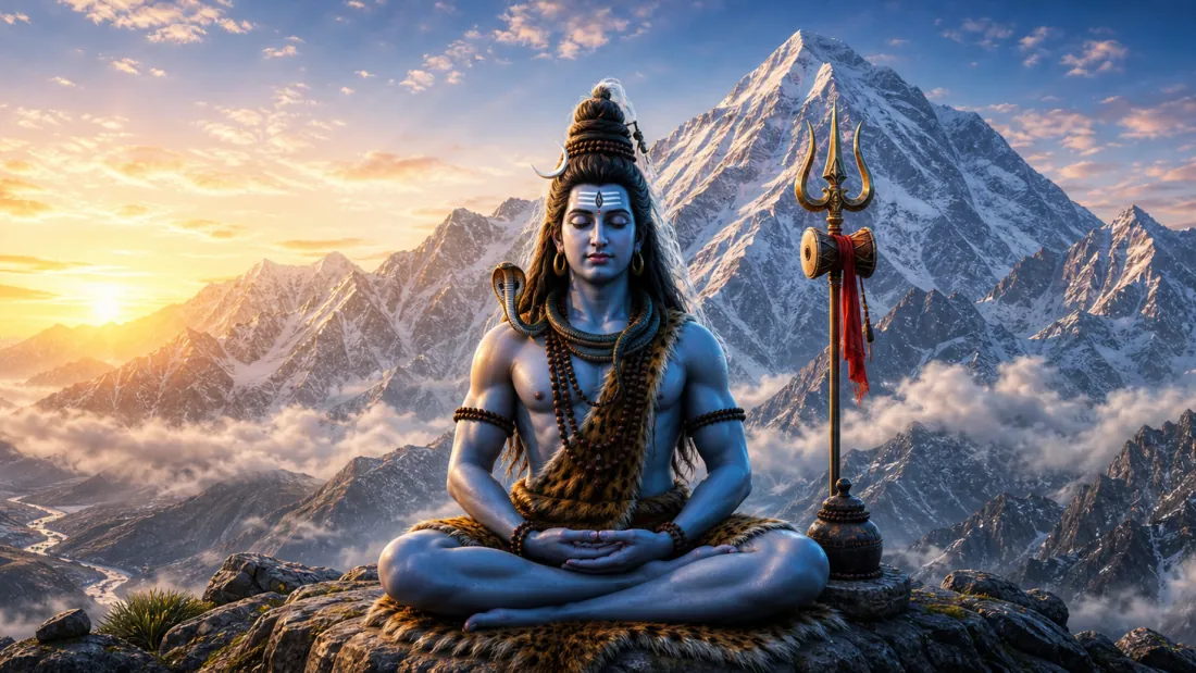 Lord Shiva meditating in lotus pose on a peak above the clouds at Himalayan sunrise, trishul and damaru at his side