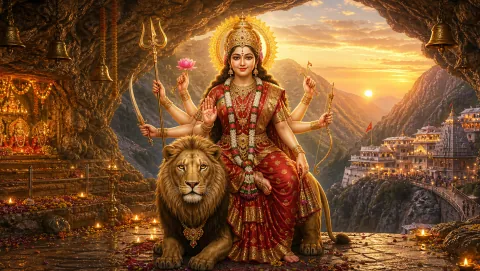 Hindu goddess Vaishno Devi seated on her lion at her mountain cave shrine at sunset, holding trishul, sword and lotus