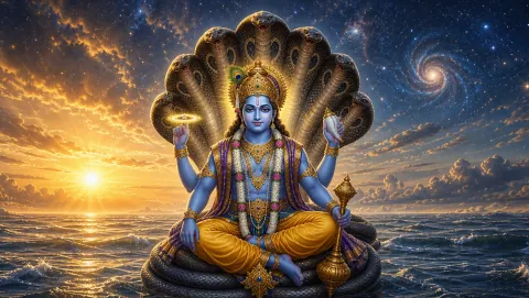 Lord Vishnu on the coils of Sheshnag over the ocean at sunset, a galaxy in the sky, holding chakra, shankha, gada and lotus